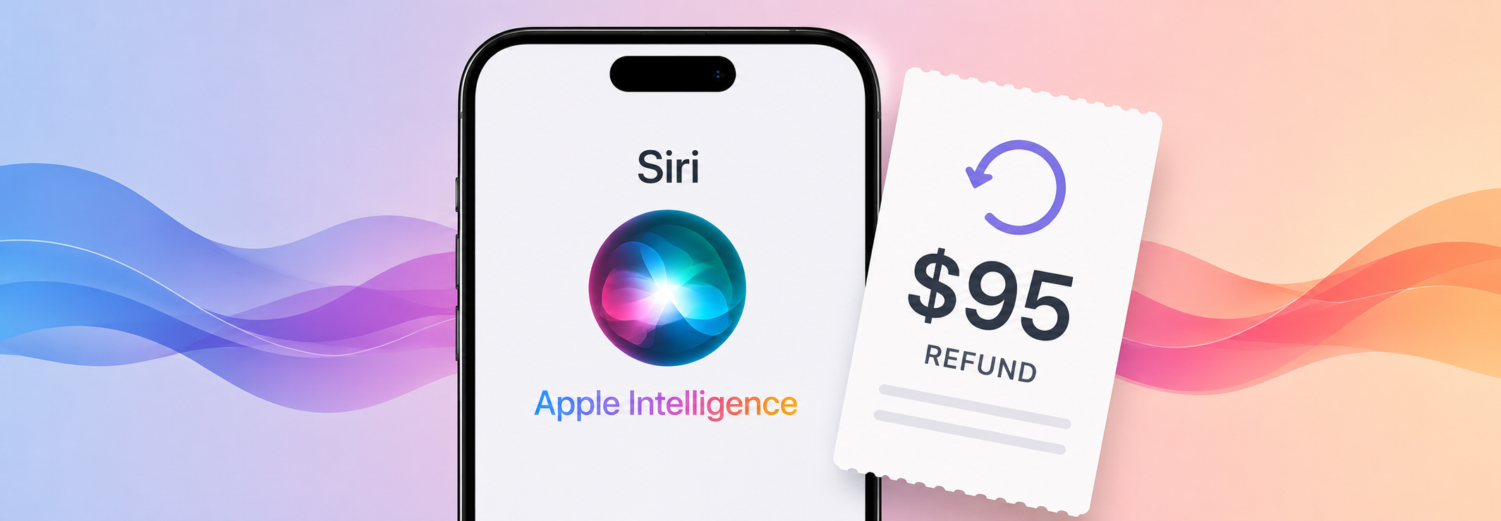 Cover alt text: Illustration d’un iPhone affichant Siri et Apple Intelligence, avec un symbole de remboursement de 95 dollars en arrière-plan.